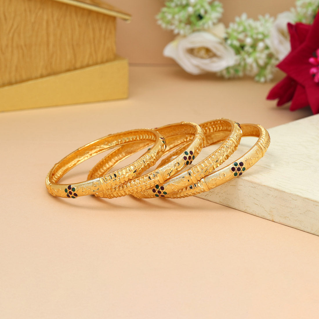 Gold Color Meena Work 1 Set Of Bangle Size: 2.4 (PLKB878GLD-2.4) Jewellery GetGlit