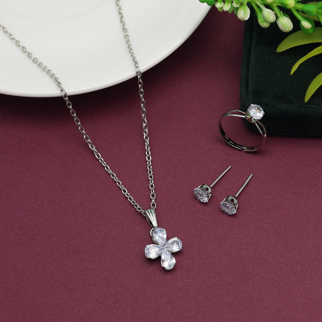 Silver Color Stone Locket Pendant Set (PLKP168SLV) Jewellery GetGlit