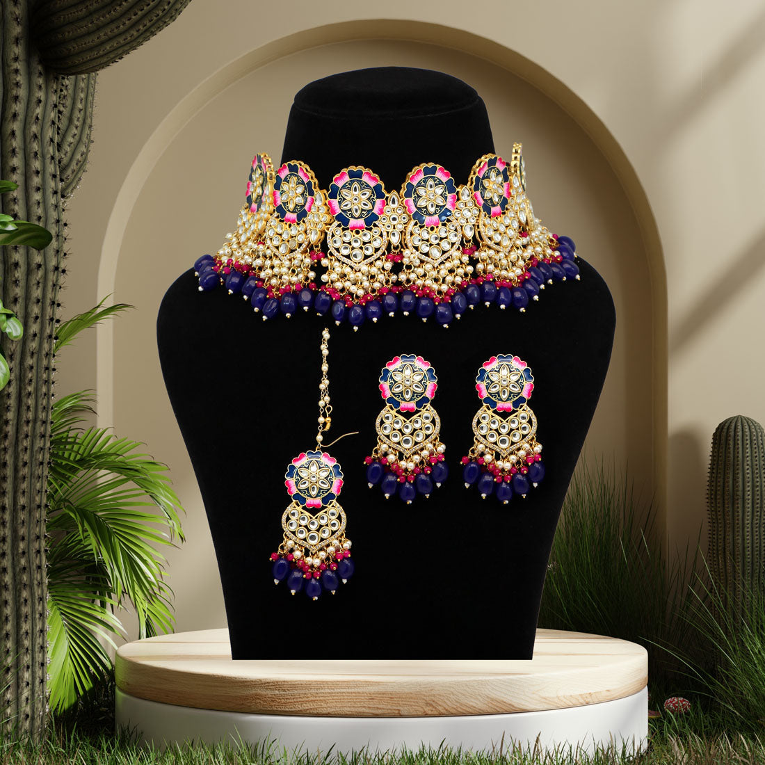 Blue Color Meenakari Necklace Set Jewellery GlitStudio   