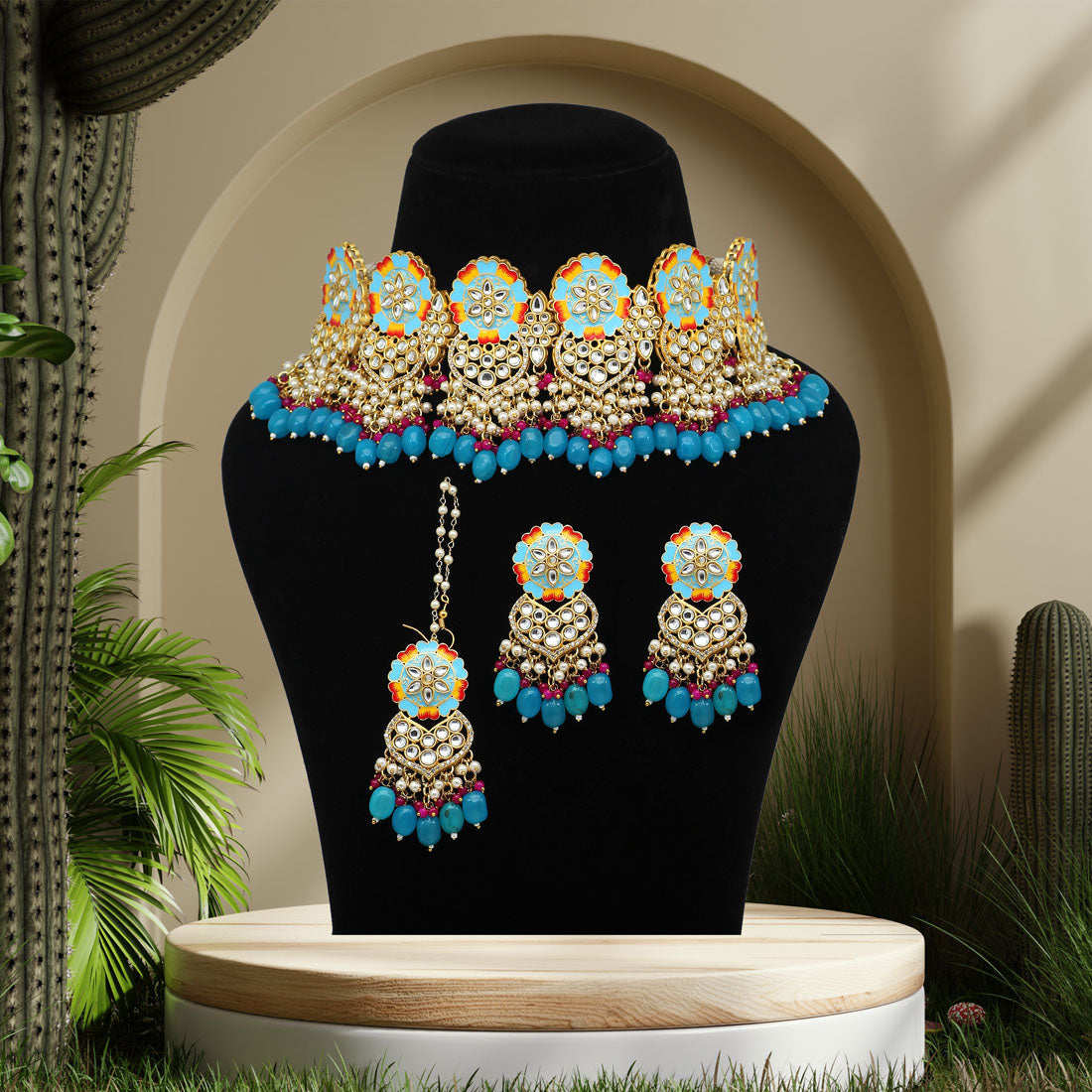 Firozi Color Meenakari Necklace Set Jewellery GetGlit   