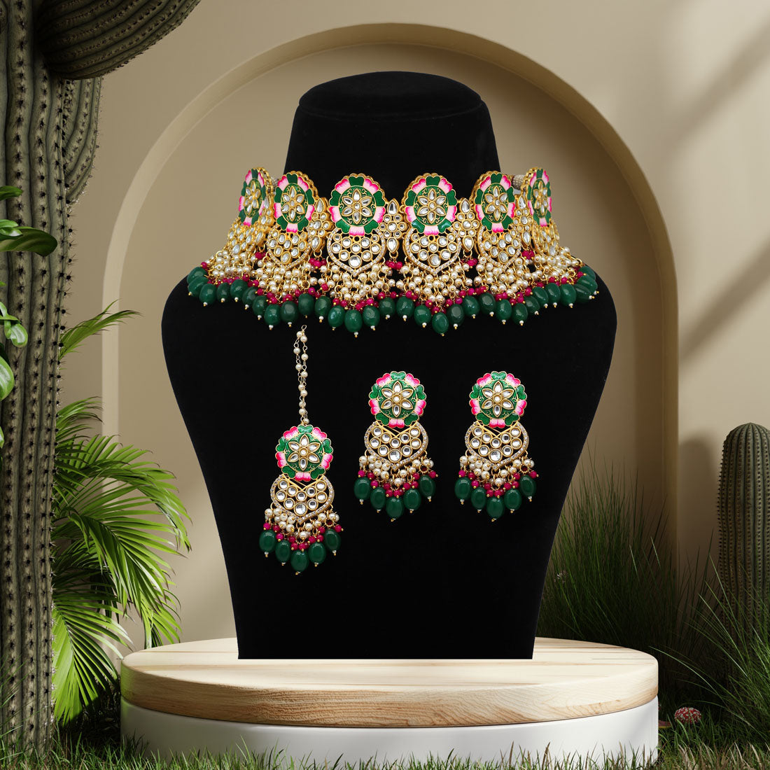 Green Color Meenakari Necklace Set Jewellery GlitStudio   