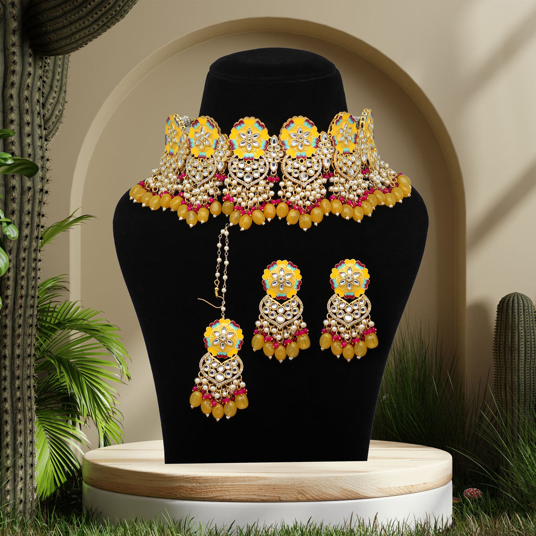 Yellow Color Meenakari Necklace Set Jewellery GlitStudio   