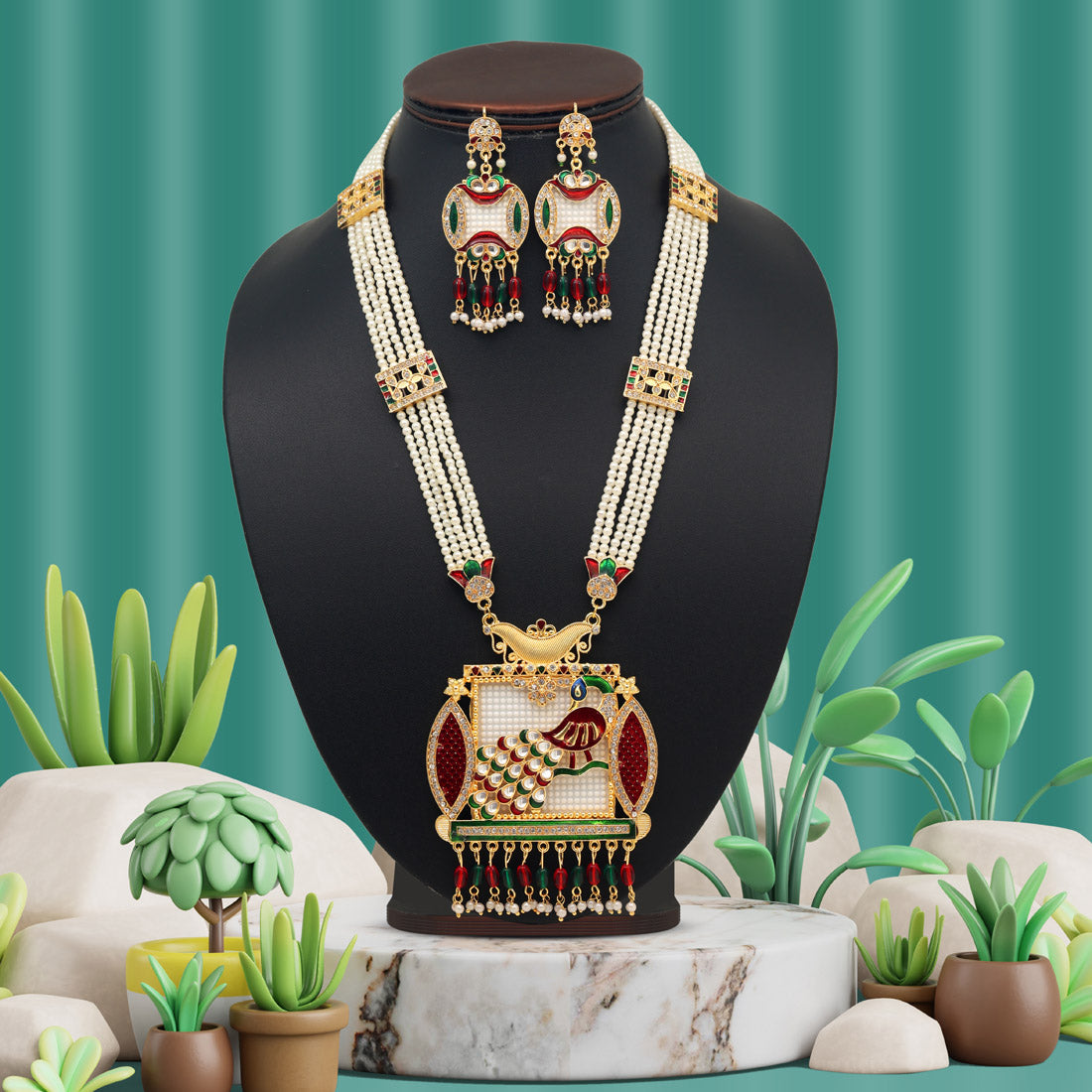 Maroon & Green Color Peacock Inspired Meena Work Rajputi Jewellery Rani Haar (PN810MG) Jewellery GetGlit