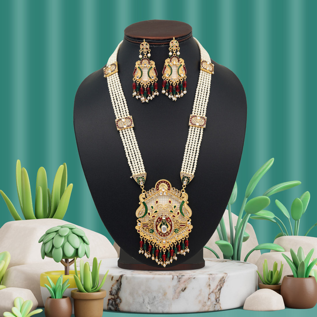 Maroon & Green Color Peacock Inspired Meena Work Rajputi Jewellery Rani Haar (PN810MG) Jewellery GetGlit   