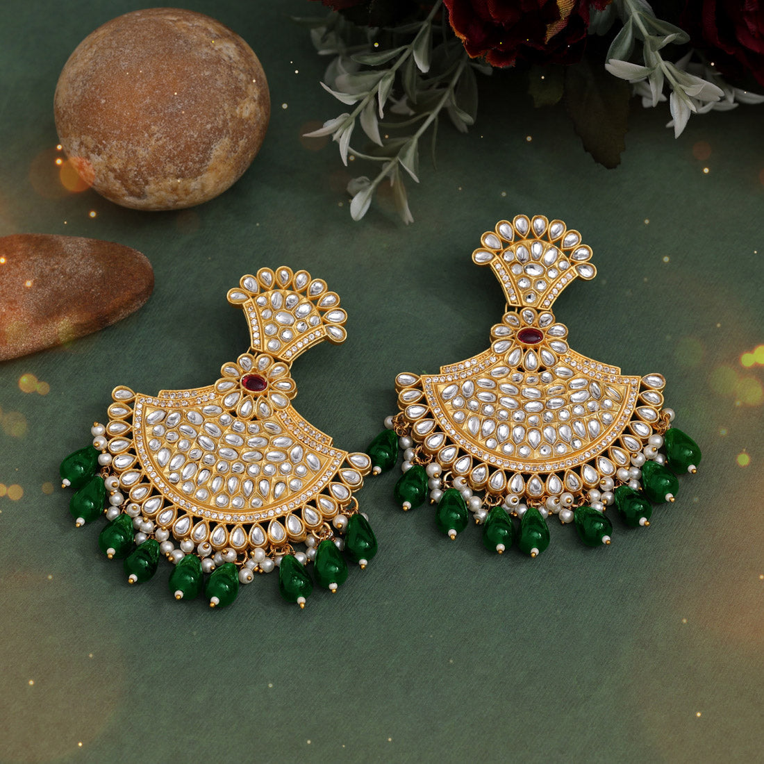 Green Color Kundan Earrings (SRHJE101GRN) Earrings GetGlit   