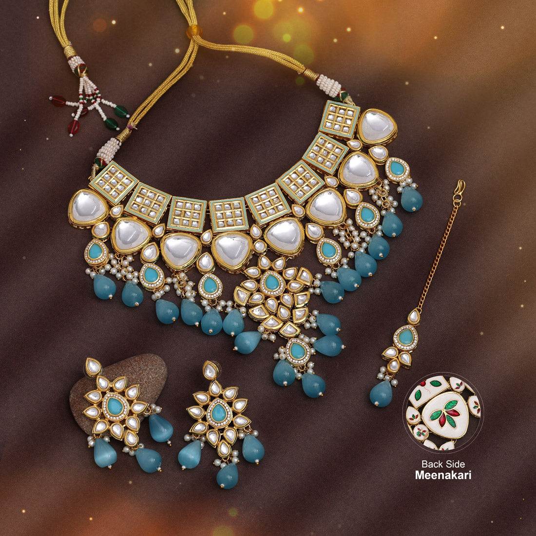 Firozi Color Back Side Meena Work Kundan Necklace Set (SRHJN105FRZ) Necklaces GetGlit   