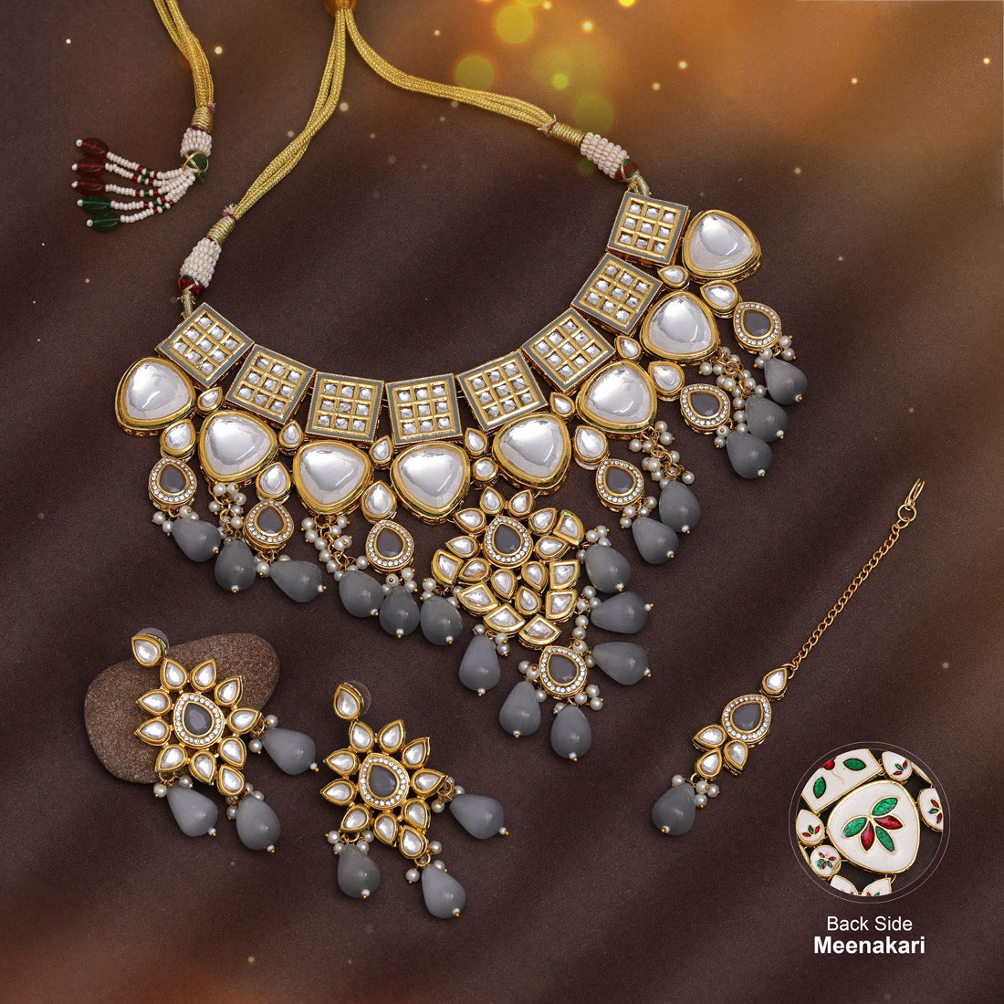 Gray Color Back Side Meena Work Kundan Necklace Set (SRHJN105GRY) Necklaces GetGlit   