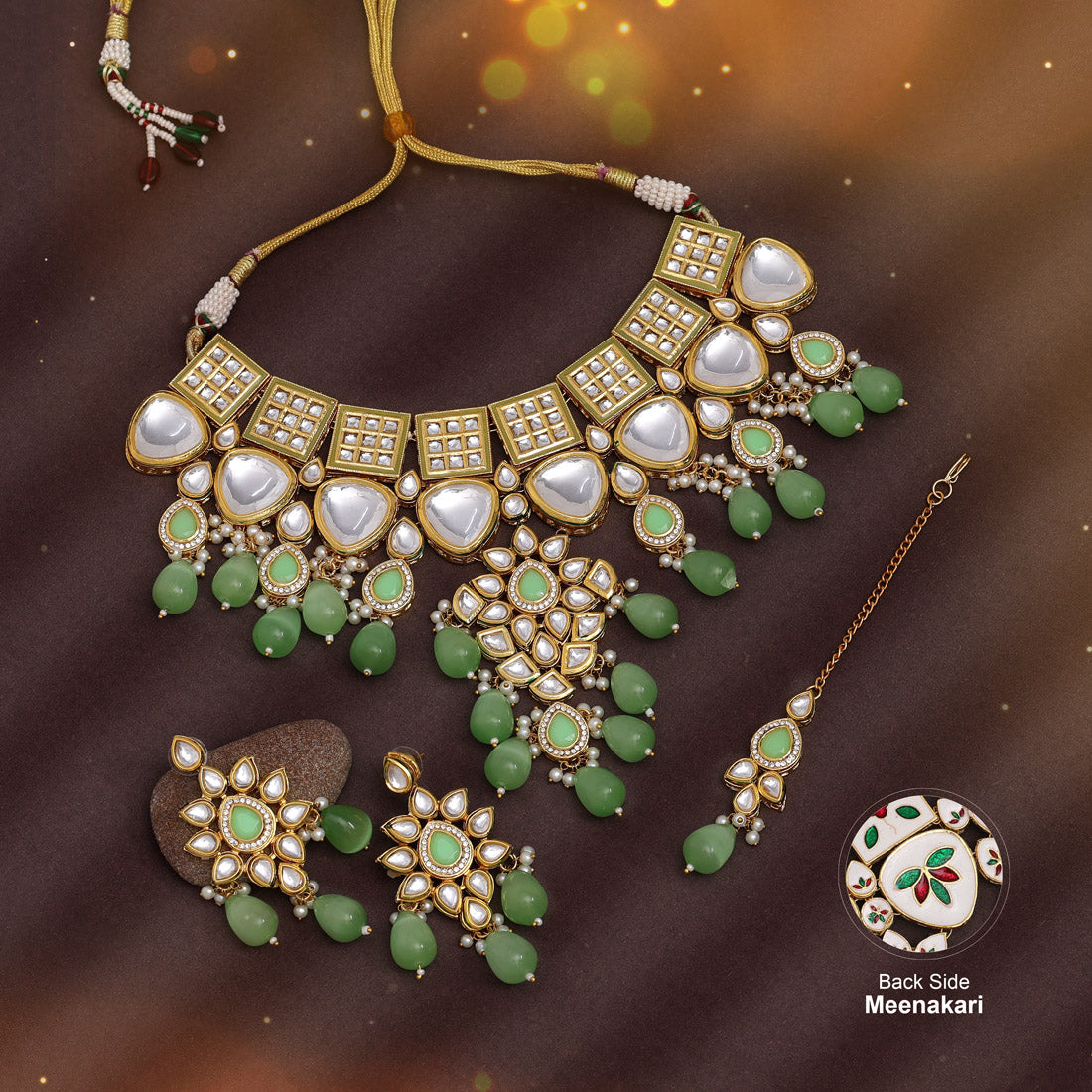 Parrot Green Color Back Side Meena Work Kundan Necklace Set (SRHJN105PGRN) Necklaces GetGlit   