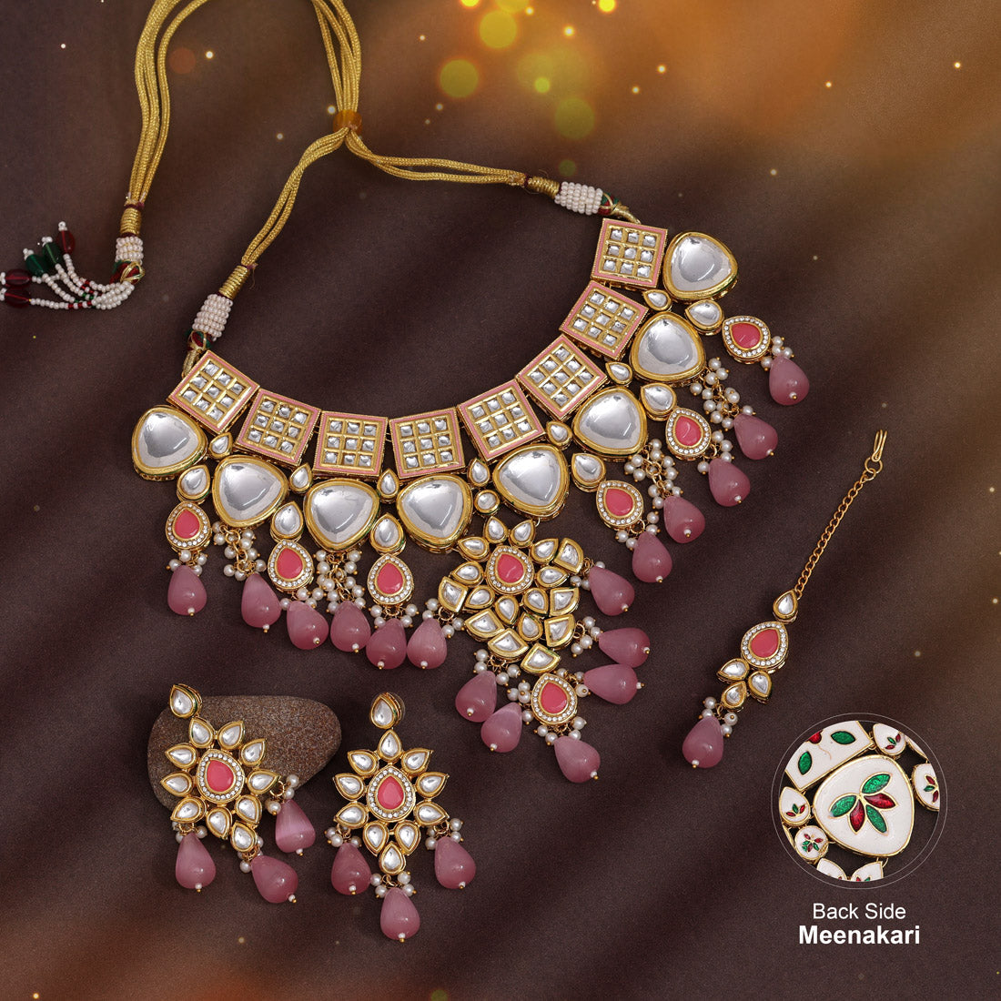 Pink Color Back Side Meena Work Kundan Necklace Set (SRHJN105PNK) Necklaces GetGlit   