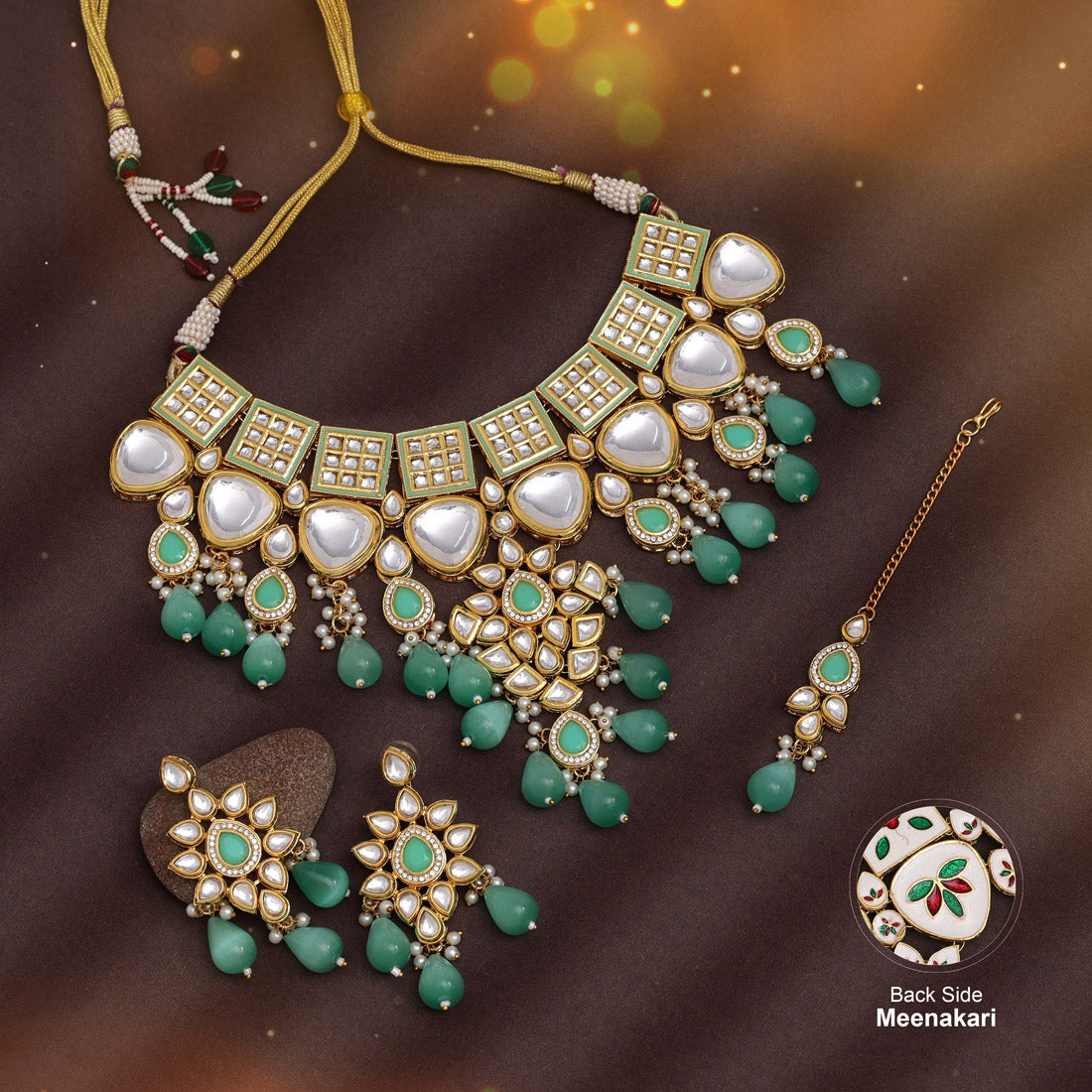 Rama Green Color Back Side Meena Work Kundan Necklace Set (SRHJN105RGRN) Necklaces GetGlit   