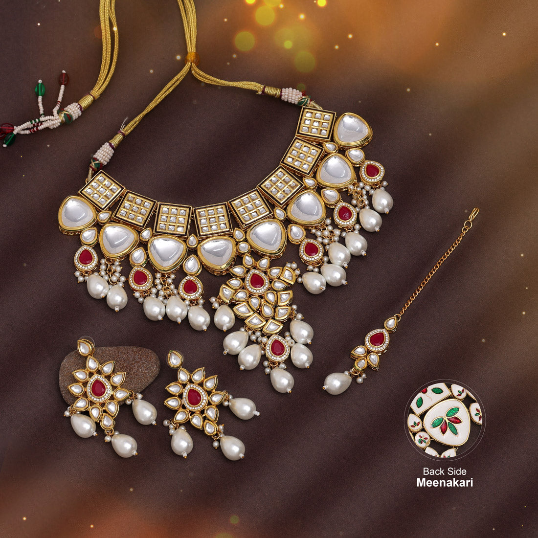 Rani & White Color Back Side Meena Work Kundan Necklace Set (SRHJN105RNIWHT) Necklaces GetGlit   