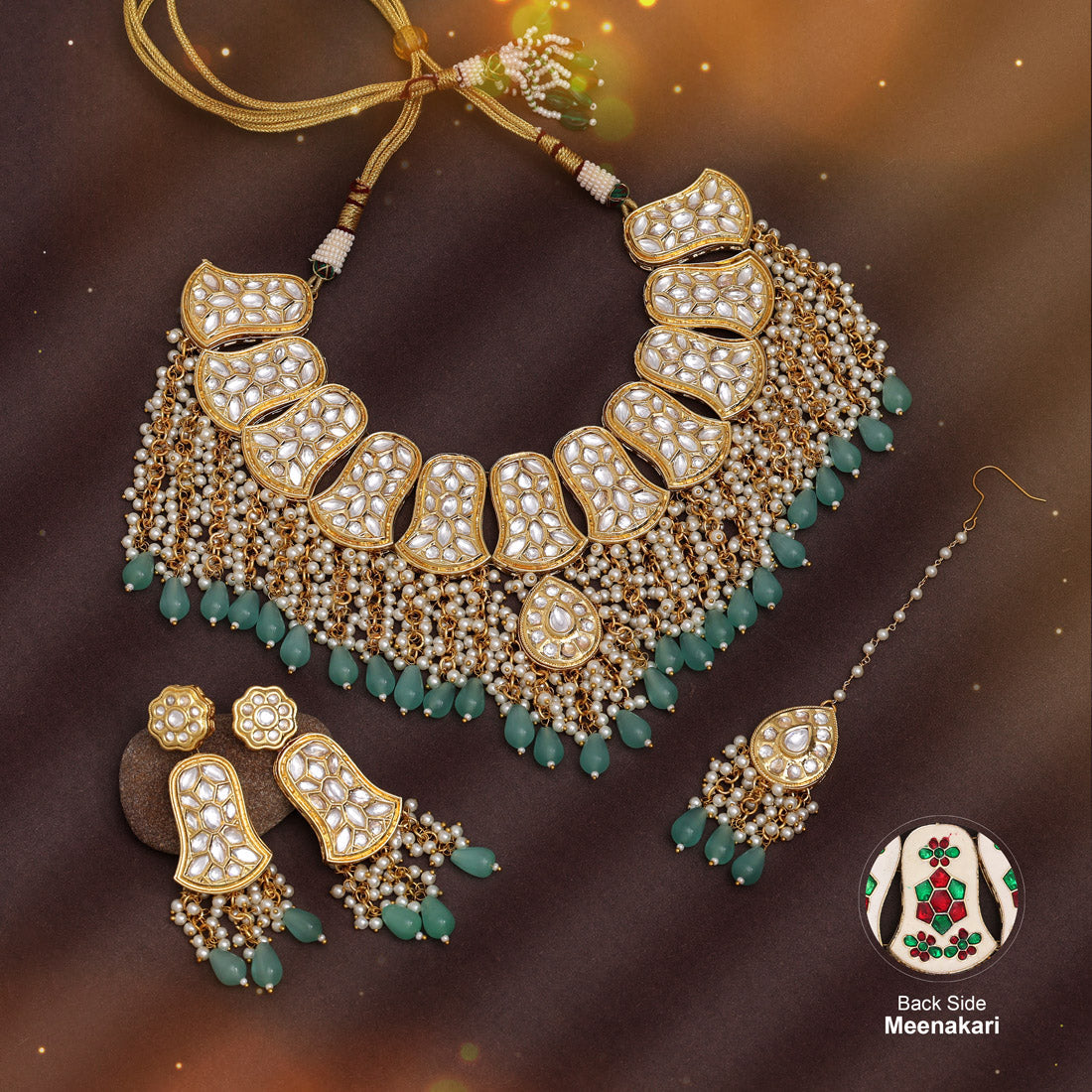 Rama Green Color Back Side Meena Work Kundan Necklace Set (SRHJN107RGRN) Necklaces GetGlit   