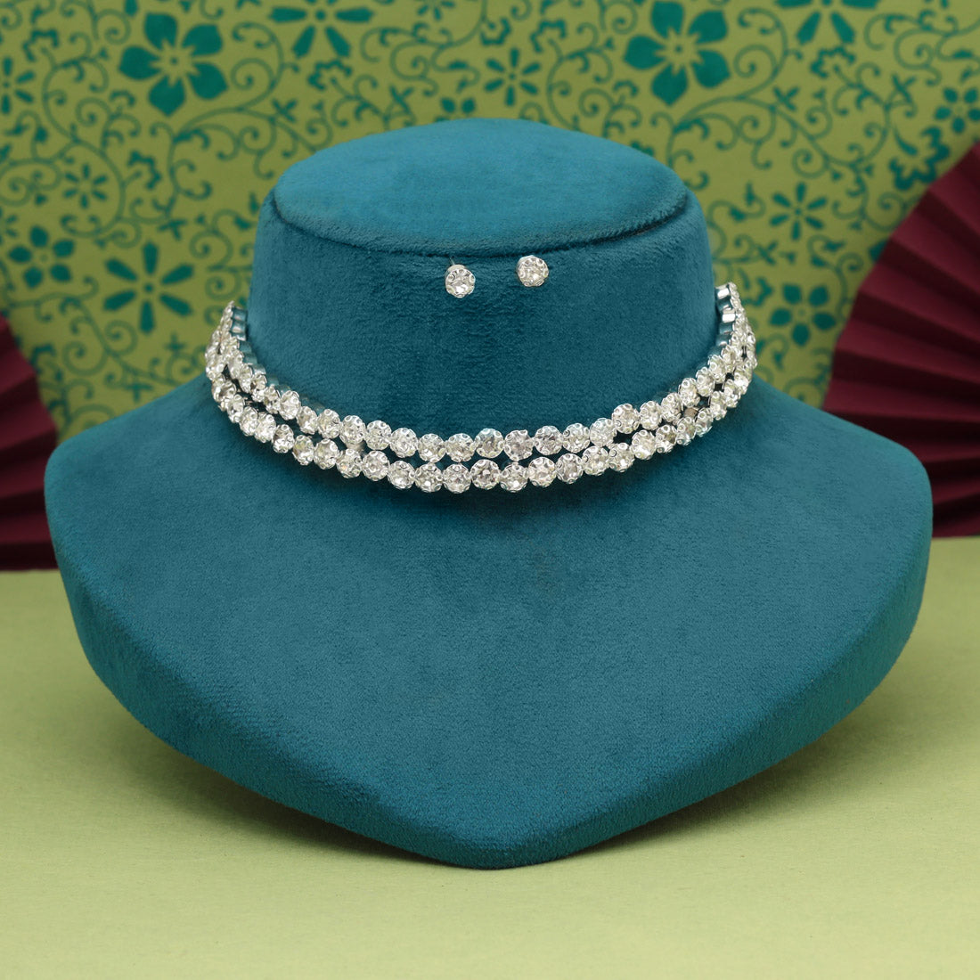 Silver Color Choker Stone Necklace Set Jewellery GetGlit
