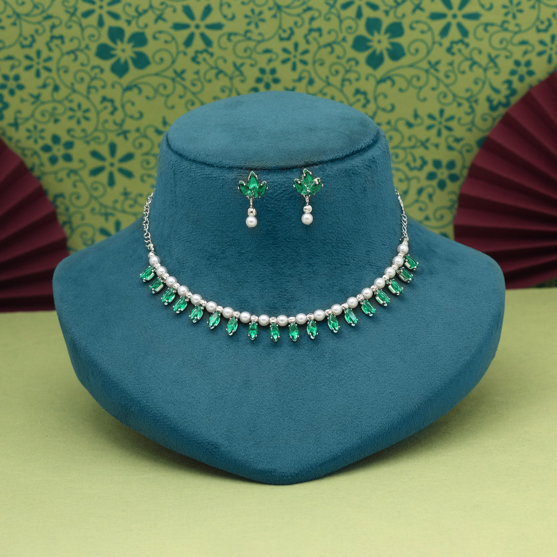 Green Color Stone Necklace Set (STN208GRN) Jewellery GetGlit