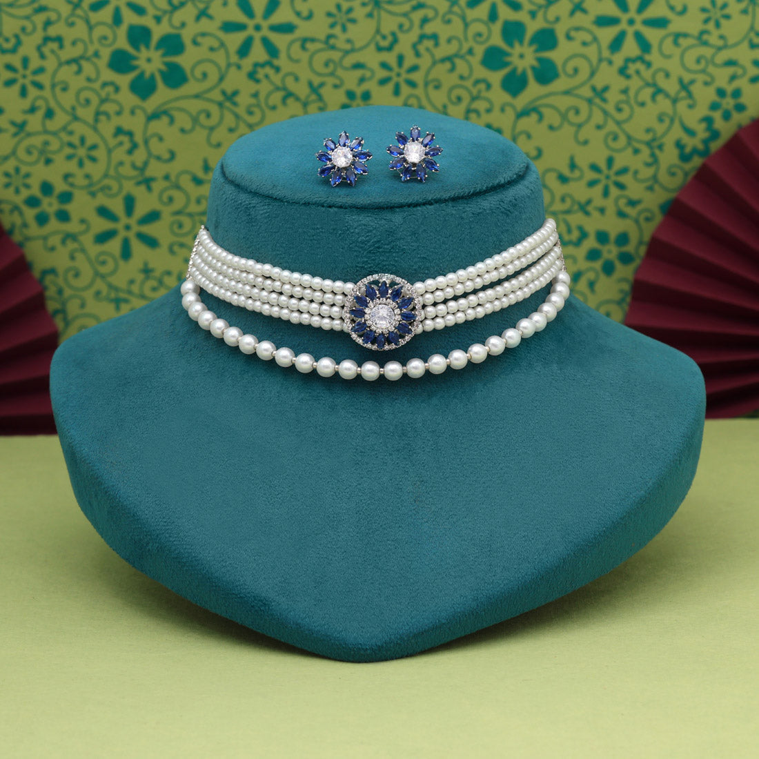 Blue Color Choker Stone Necklace Set Jewellery GetGlit