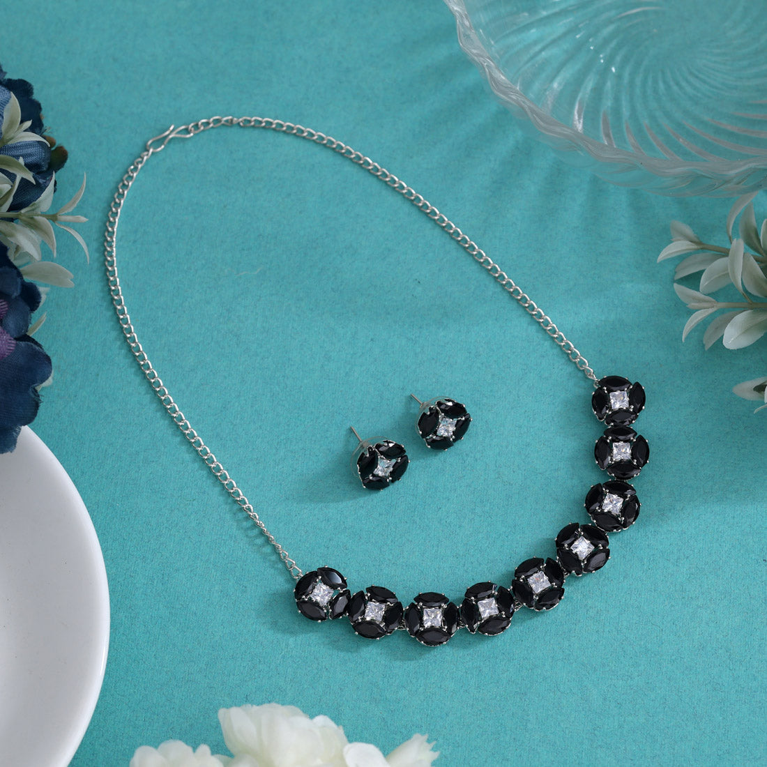 Black Color Stone Necklace Set (STN234BLK) Jewellery GetGlit