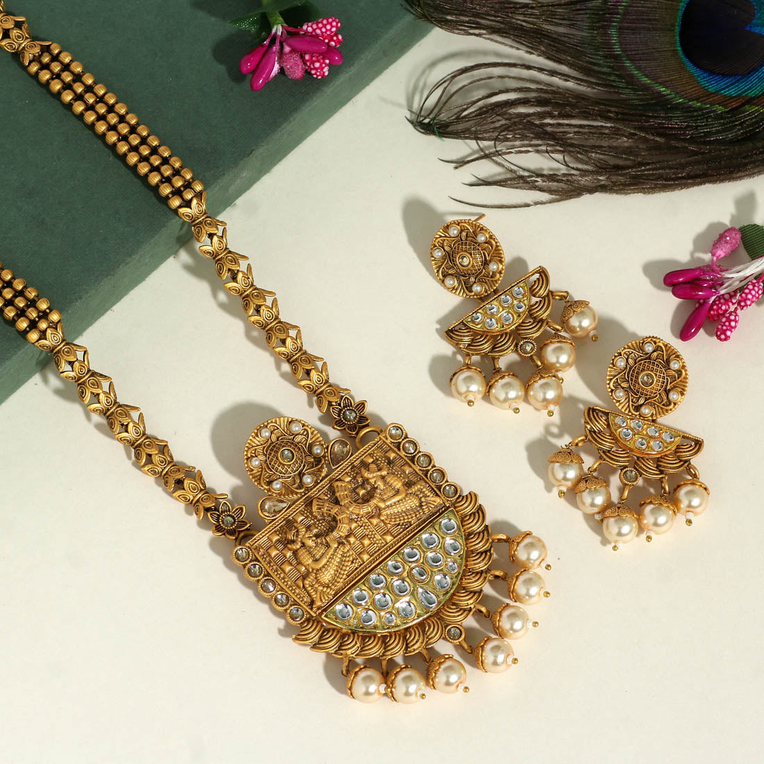 Gold Color Rajwadi Matte Gold Temple Necklace Set (TPLN260GLD)