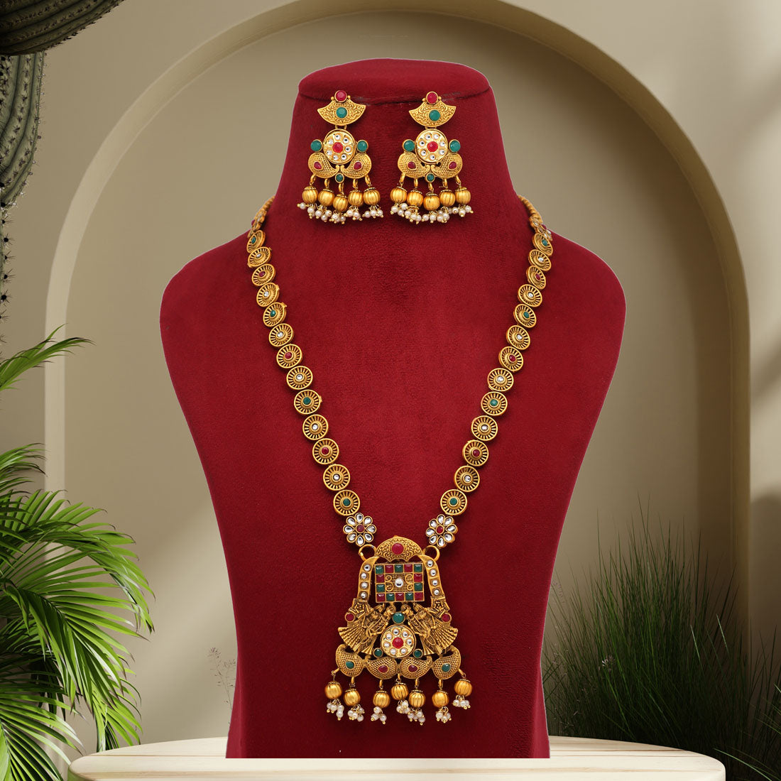 Maroon & Green Color Vilandi Kundan Matte Gold Rajwadi Temple Necklace Set (TPLN318MG)