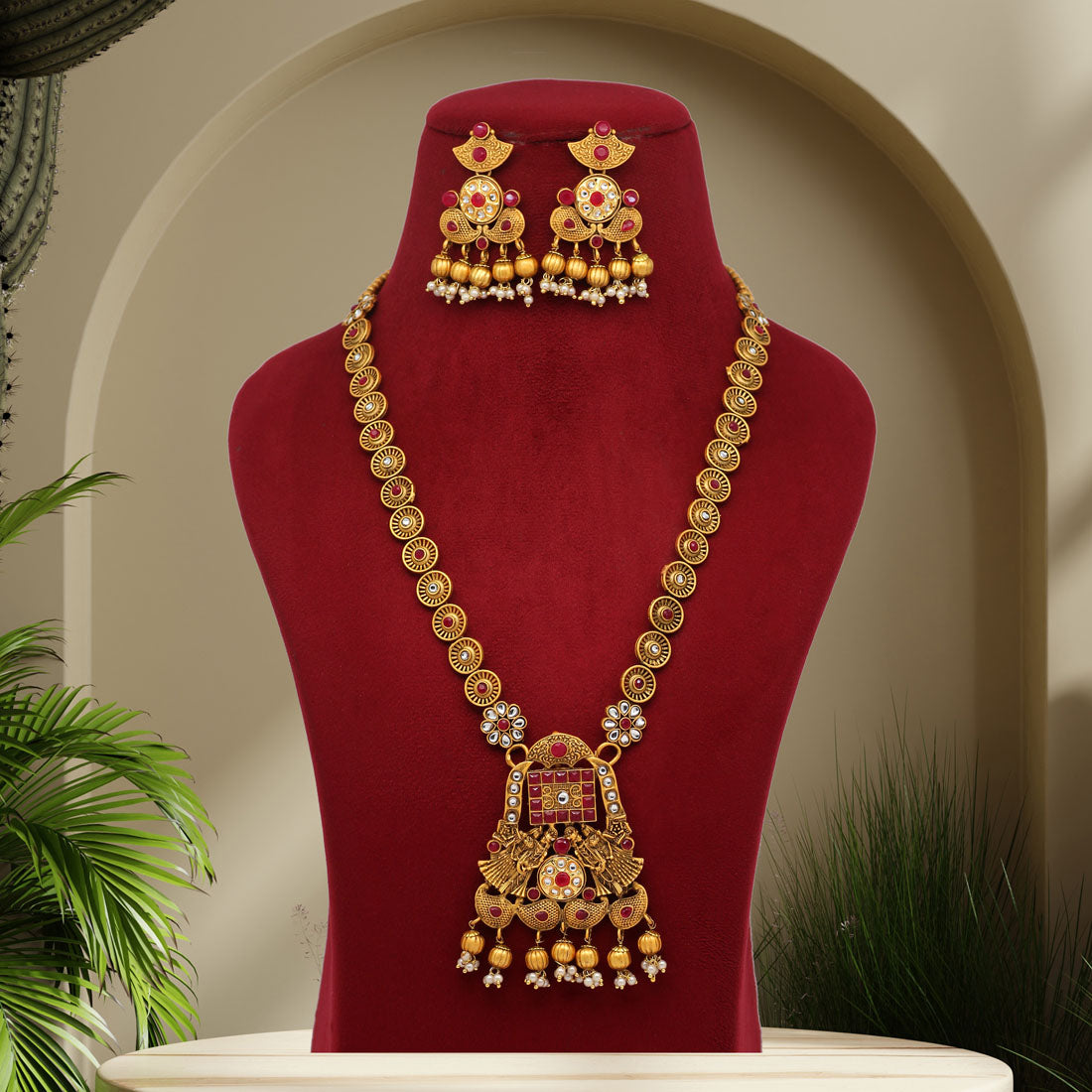 Rani Color Vilandi Kundan Matte Gold Rajwadi Temple Necklace Set (TPLN318RNI)