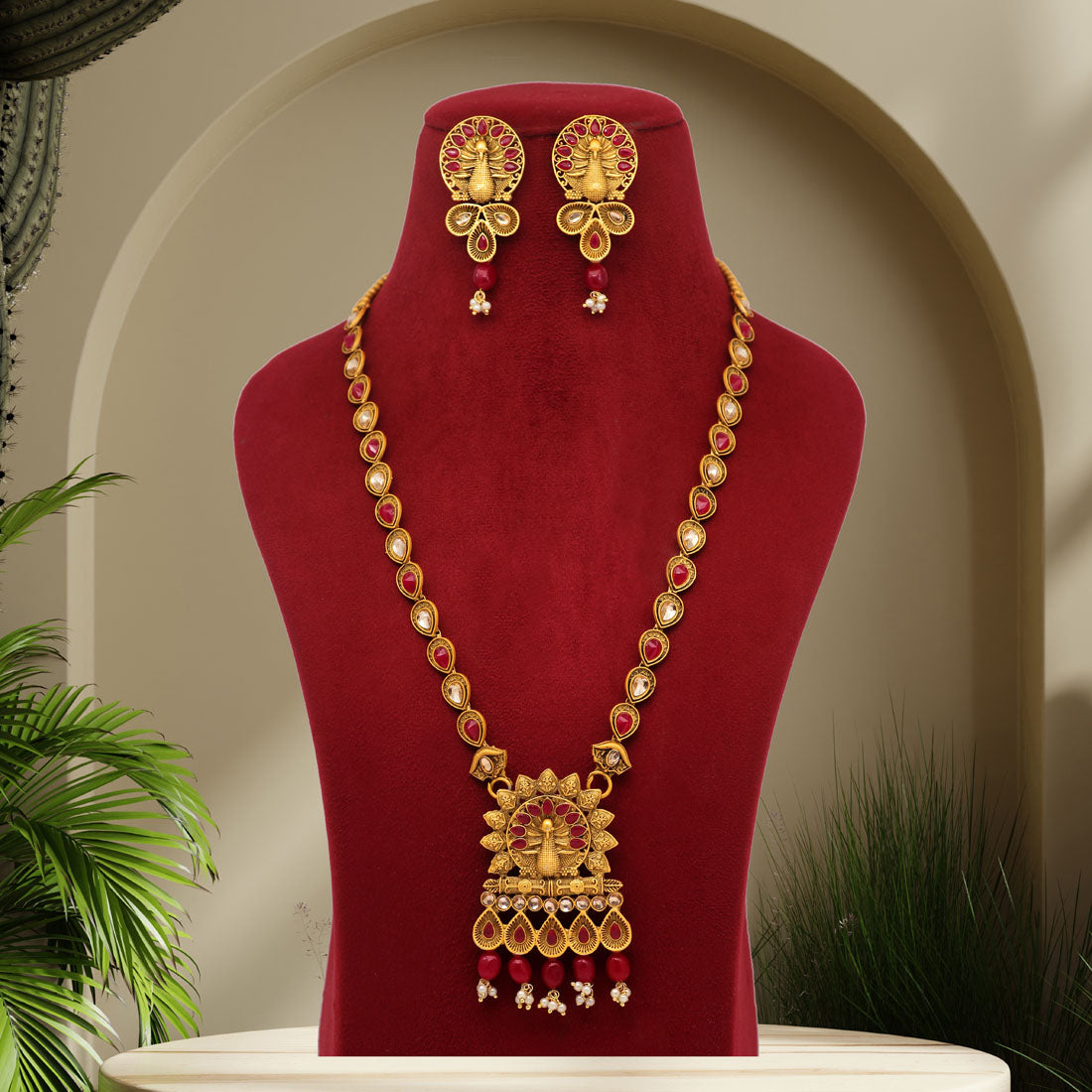 Rani Color Vilandi Kundan Matte Gold Rajwadi Temple Necklace Set (TPLN319RNI) Jewellery GetGlit