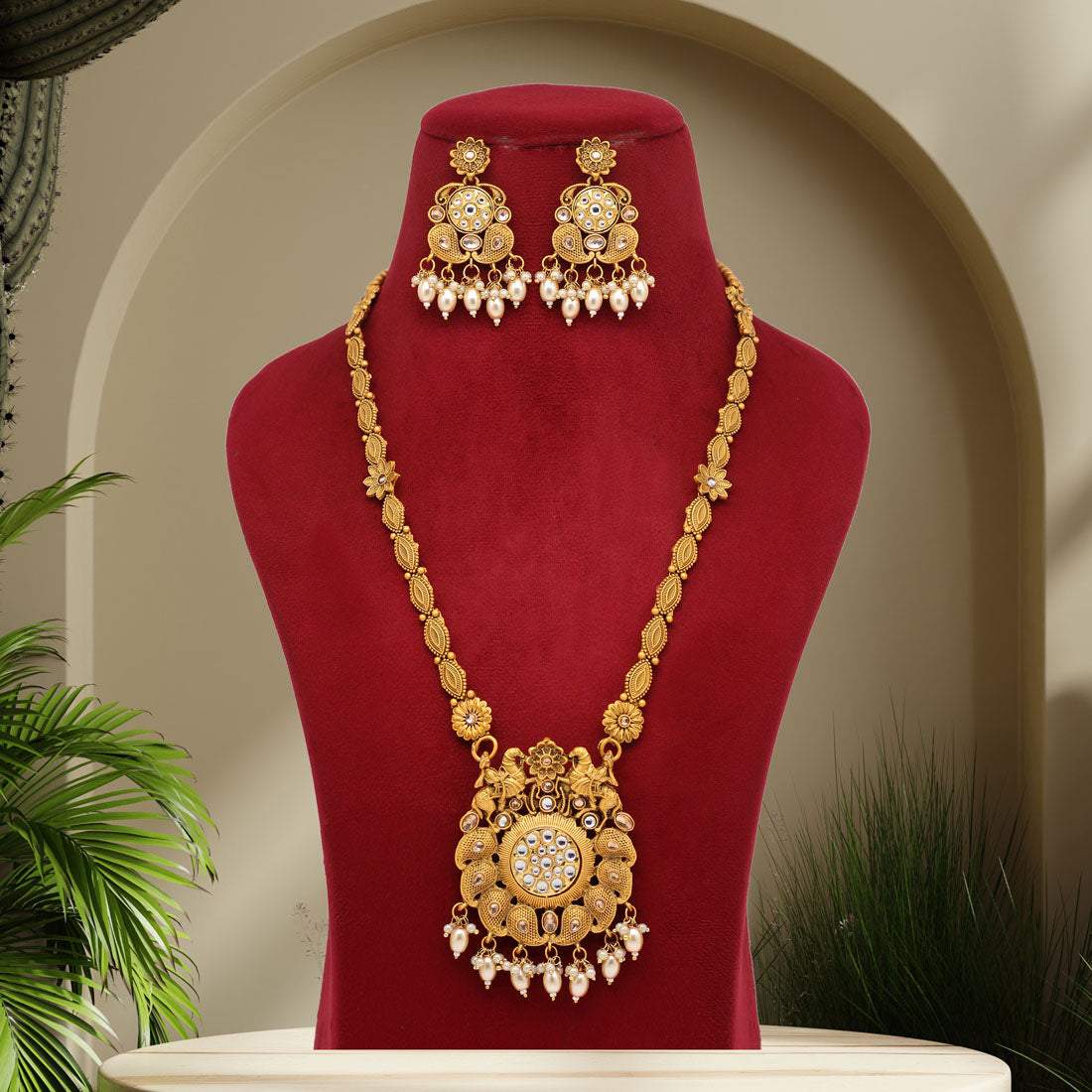 Rani Color Vilandi Kundan Matte Gold Rajwadi Temple Necklace Set (TPLN319RNI) Jewellery GetGlit   