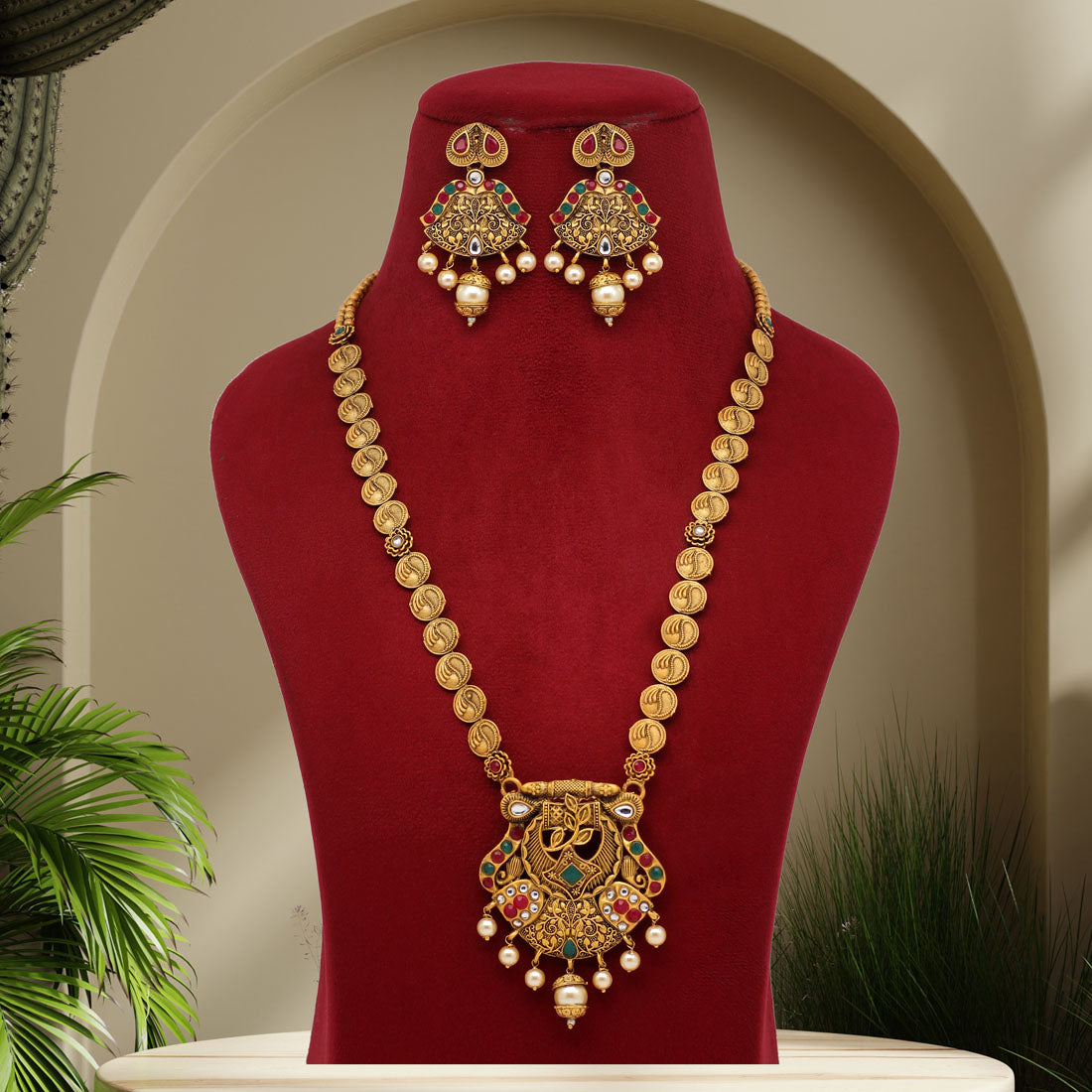 Gold Color Vilandi Kundan Matte Gold Rajwadi Temple Necklace Set (TPLN323GLD) Jewellery GetGlit   