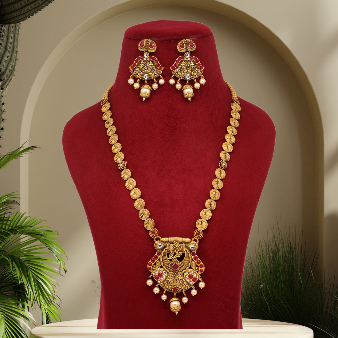 Rani Color Vilandi Kundan Matte Gold Rajwadi Temple Necklace Set (TPLN326RNI)