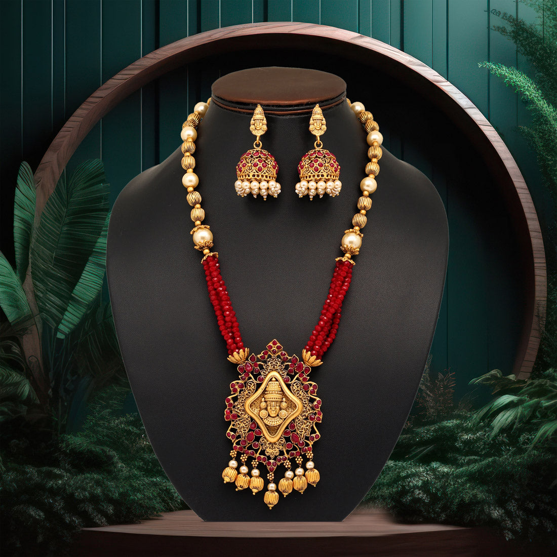 Maroon Color Matte Gold Rajwadi Temple Necklace Set (TPLN454MRN)