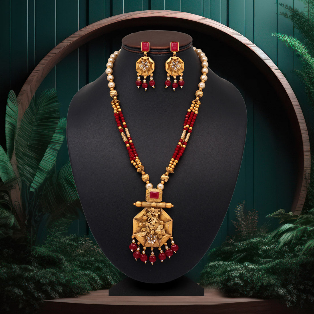 Maroon Color Vilandi Kundan Long Matte Gold Rajwadi Temple Necklace Set (TPLN474MRN) Jewellery GetGlit