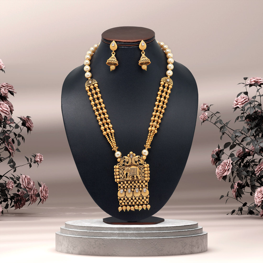 Gold Color Long Matte Gold Rajwadi Temple Necklace Set (TPLN514GLD)