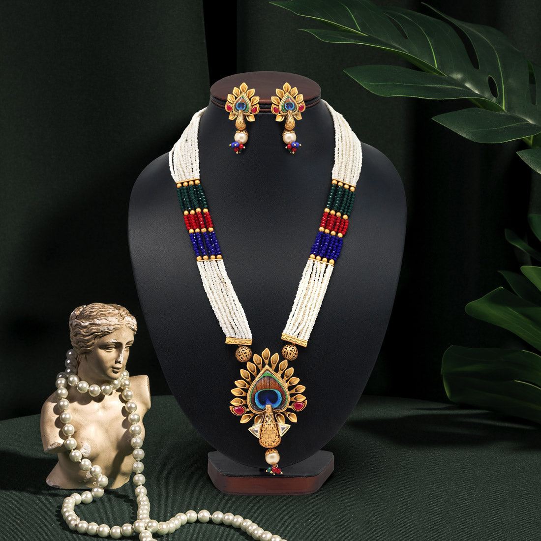 Multi Color Peacock Inspired Matte Gold Rajwadi Temple Necklace Set (TPLN516MLT)