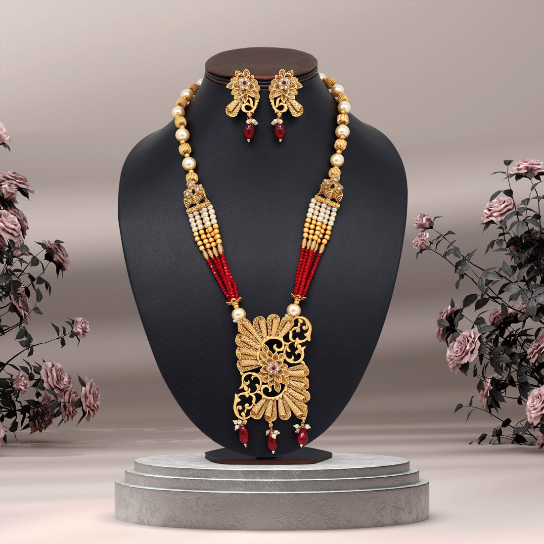 Maroon Color Long Matte Gold Rajwadi Temple Necklace Set (TPLN522MRN)