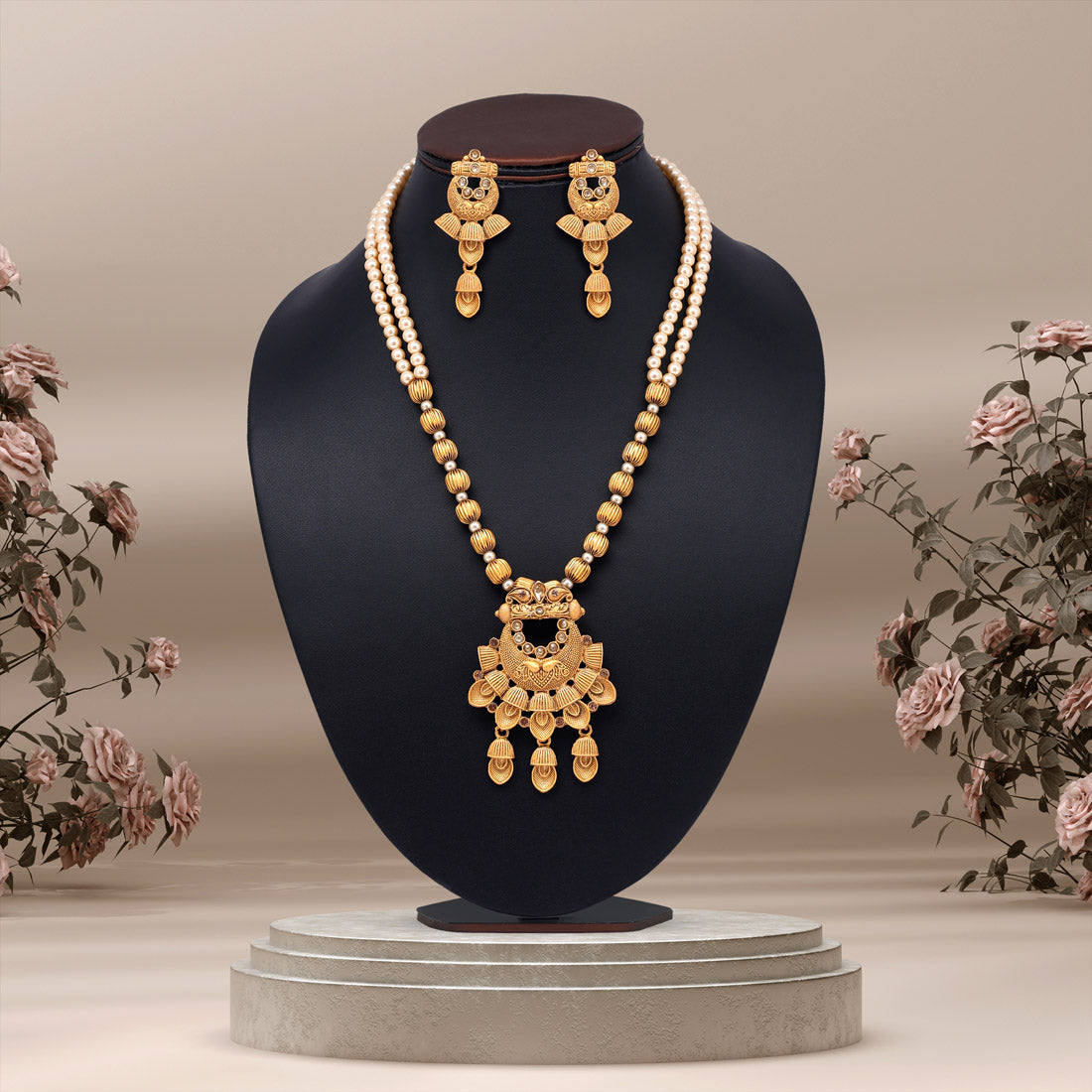 Gold Color Long Matte Gold Rajwadi Temple Necklace Set (TPLN550GLD) Jewellery GetGlit