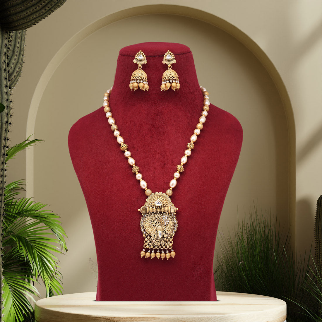 Gold Color Long Matte Gold Rajwadi Temple Necklace Set (TPLN560GLD) Jewellery GetGlit