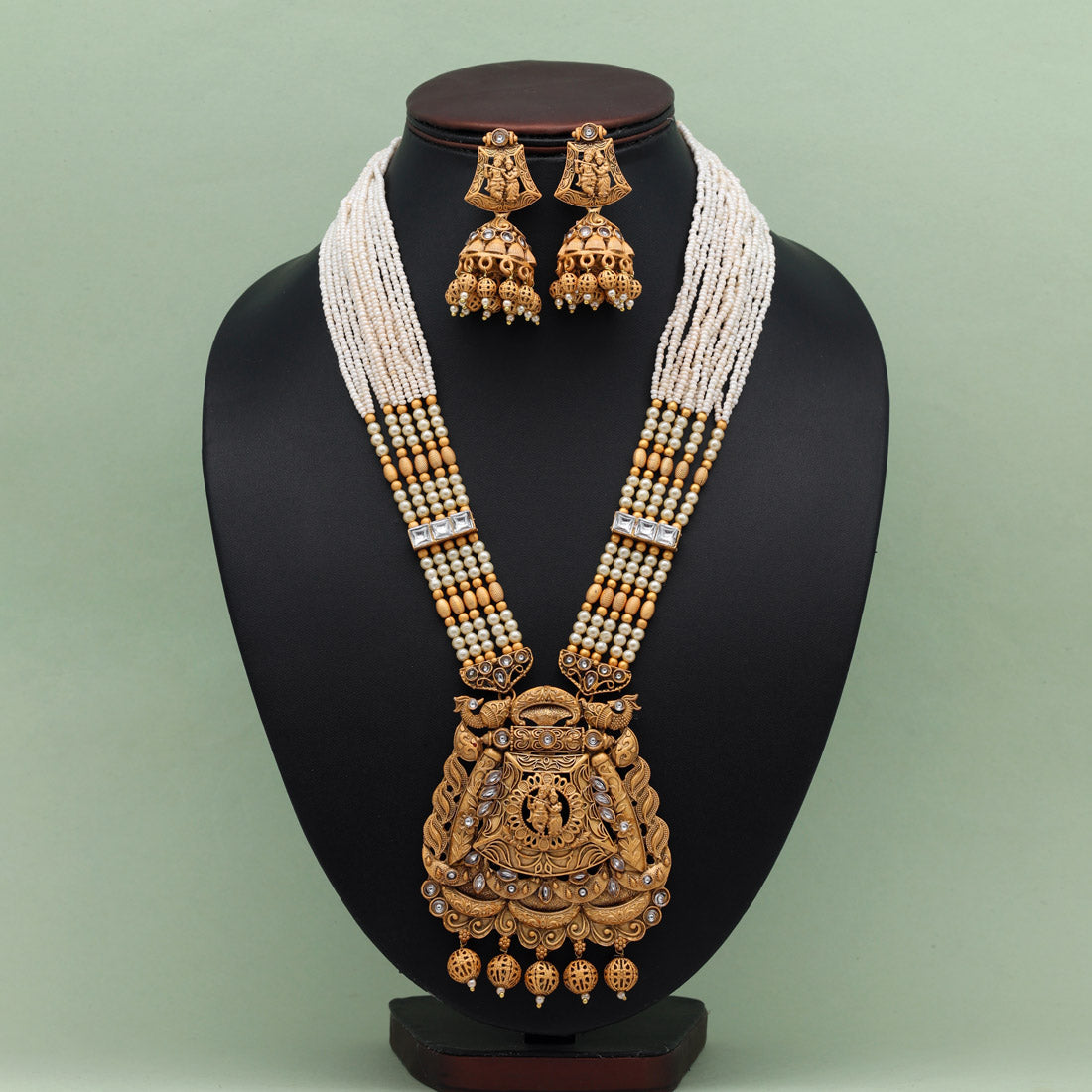 Gold Color Lord Radha Krishna Matte Gold Rajwadi Temple Necklace Set (TPLN584GLD) Jewellery GetGlit