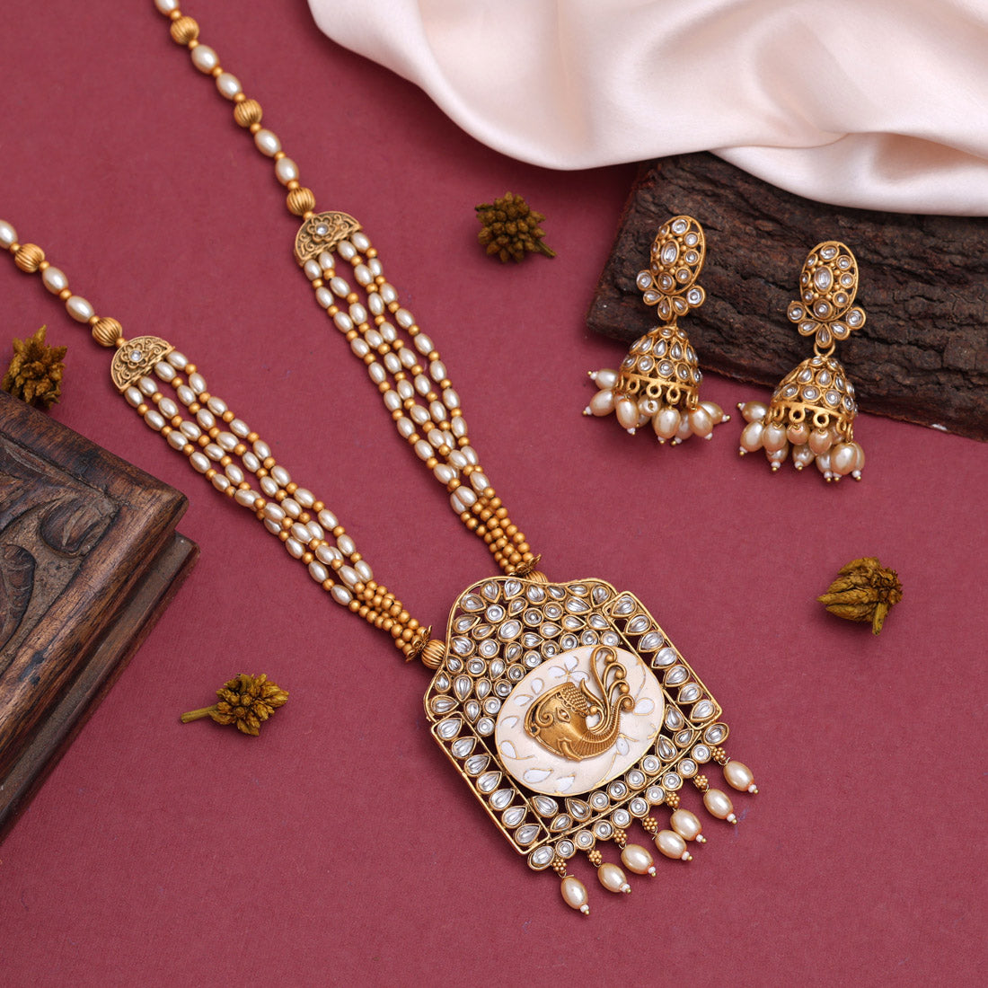 Gold Color Meena Work Matte Gold Rajwadi Temple Necklace Set (TPLN585GLD)