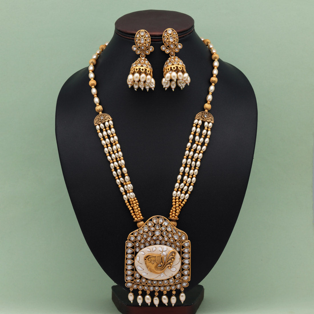 Gold Color Meena Work Matte Gold Rajwadi Temple Necklace Set (TPLN585GLD)