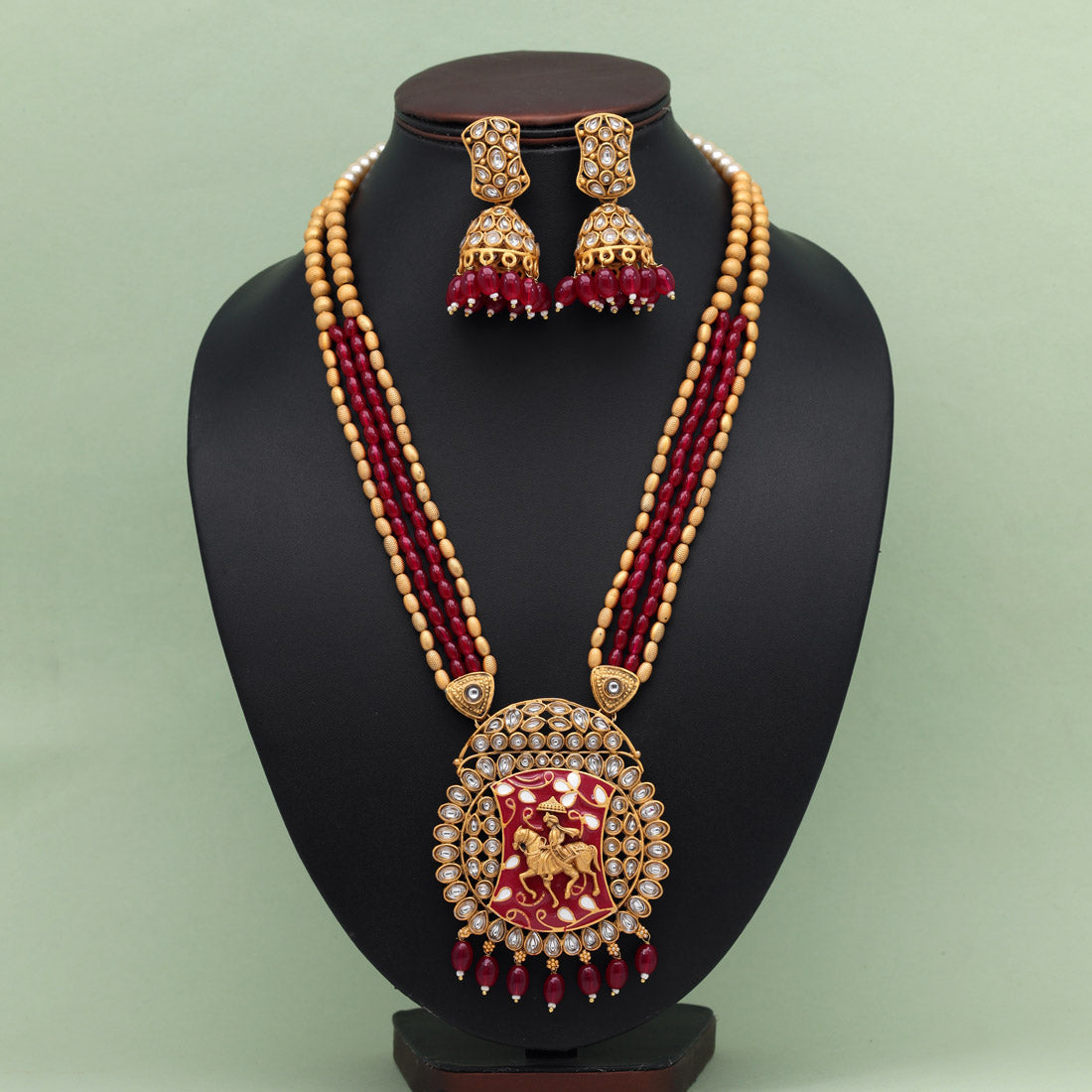 Rani Color Meena Work Vilandi Kundan Matte Gold Rajwadi Temple Necklace Set (TPLN589RNI) Jewellery GetGlit