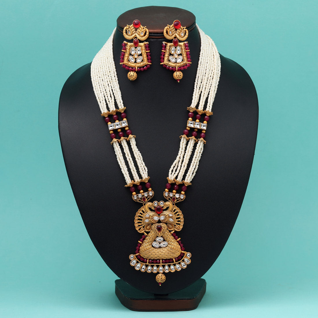 Rani Color Vilandi Kundan Matte Gold Rajwadi Temple Necklace Set (TPLN593RNI) Jewellery GetGlit