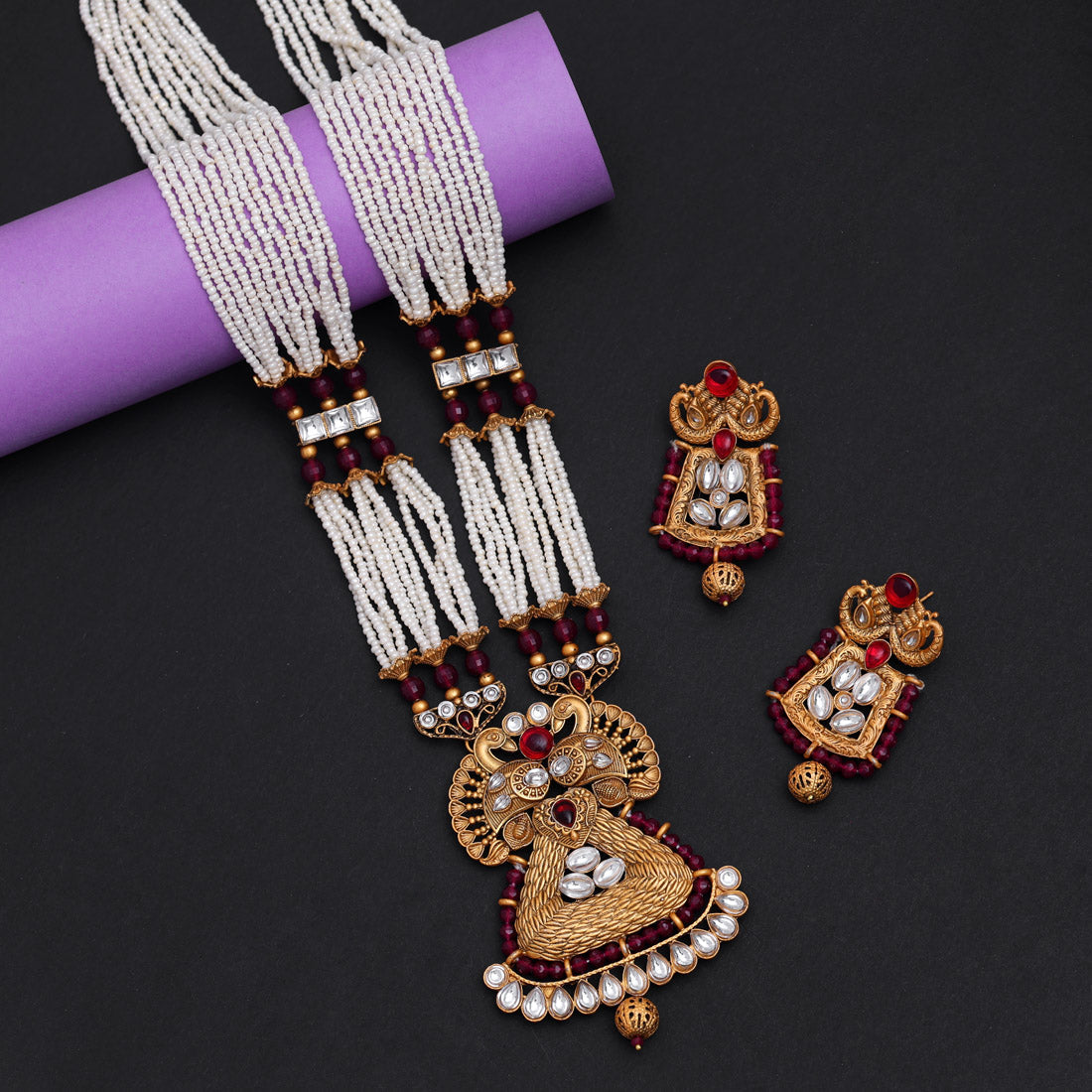 Rani Color Vilandi Kundan Matte Gold Rajwadi Temple Necklace Set (TPLN593RNI) Jewellery GetGlit