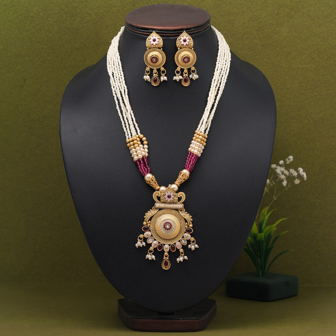 Rani Color Meena Work Rajwadi Matte Gold Necklace Set (TPLN616RNI) Jewellery GetGlit