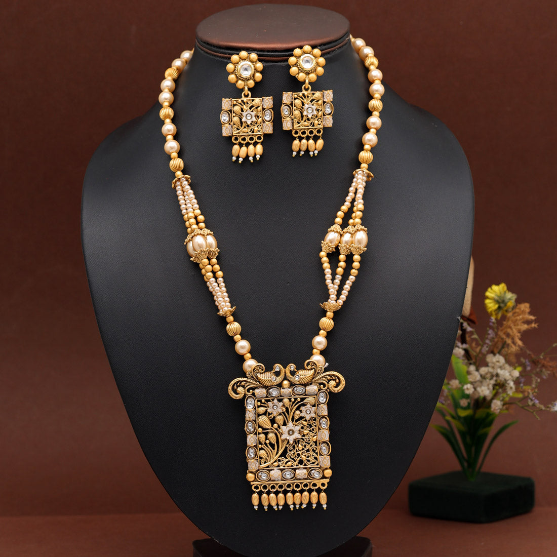 Gold Color Meena Work Temple Necklace Set (TPLN619GLD) Jewelry GlitStudio   