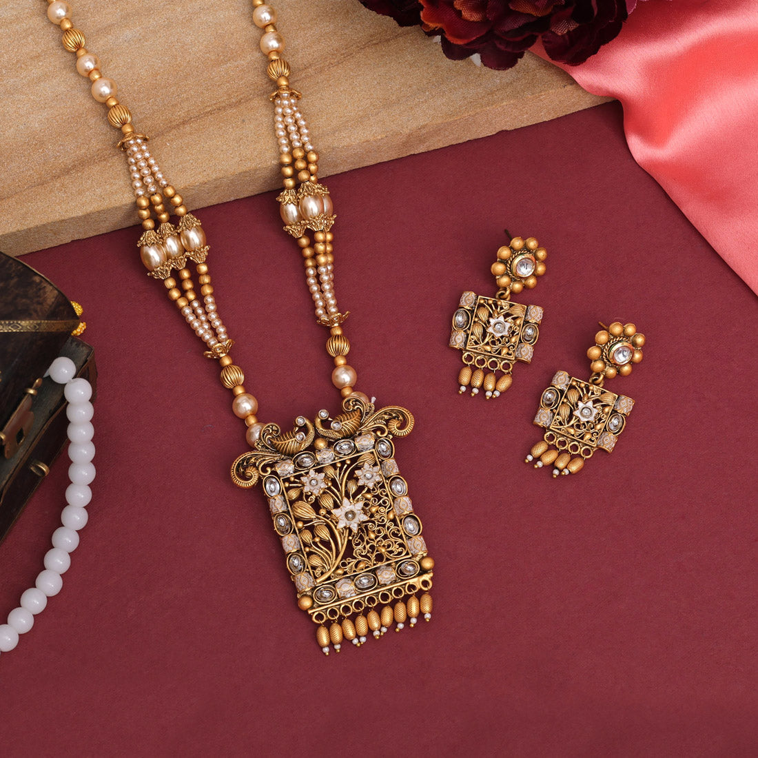 Gold Color Meena Work Temple Necklace Set (TPLN619GLD) Jewelry GlitStudio   