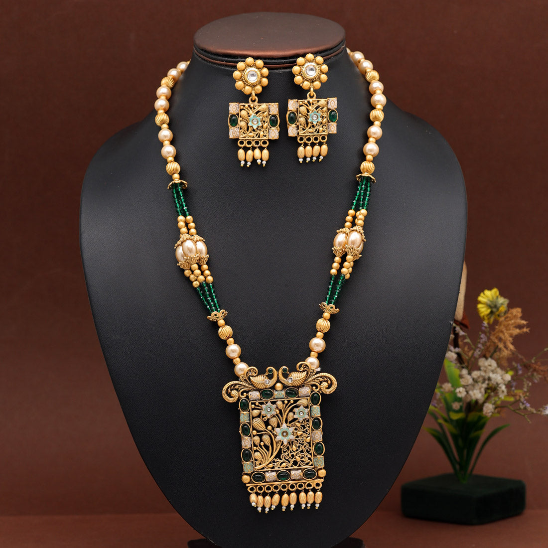 Green Color Meena Work Temple Necklace Set (TPLN619GRN) Necklaces GetGlit   