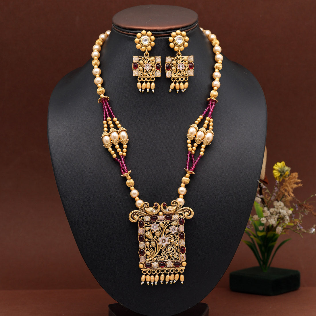 Rani Color Meena Work Rajwadi Temple Necklace Set (TPLN619RNI)