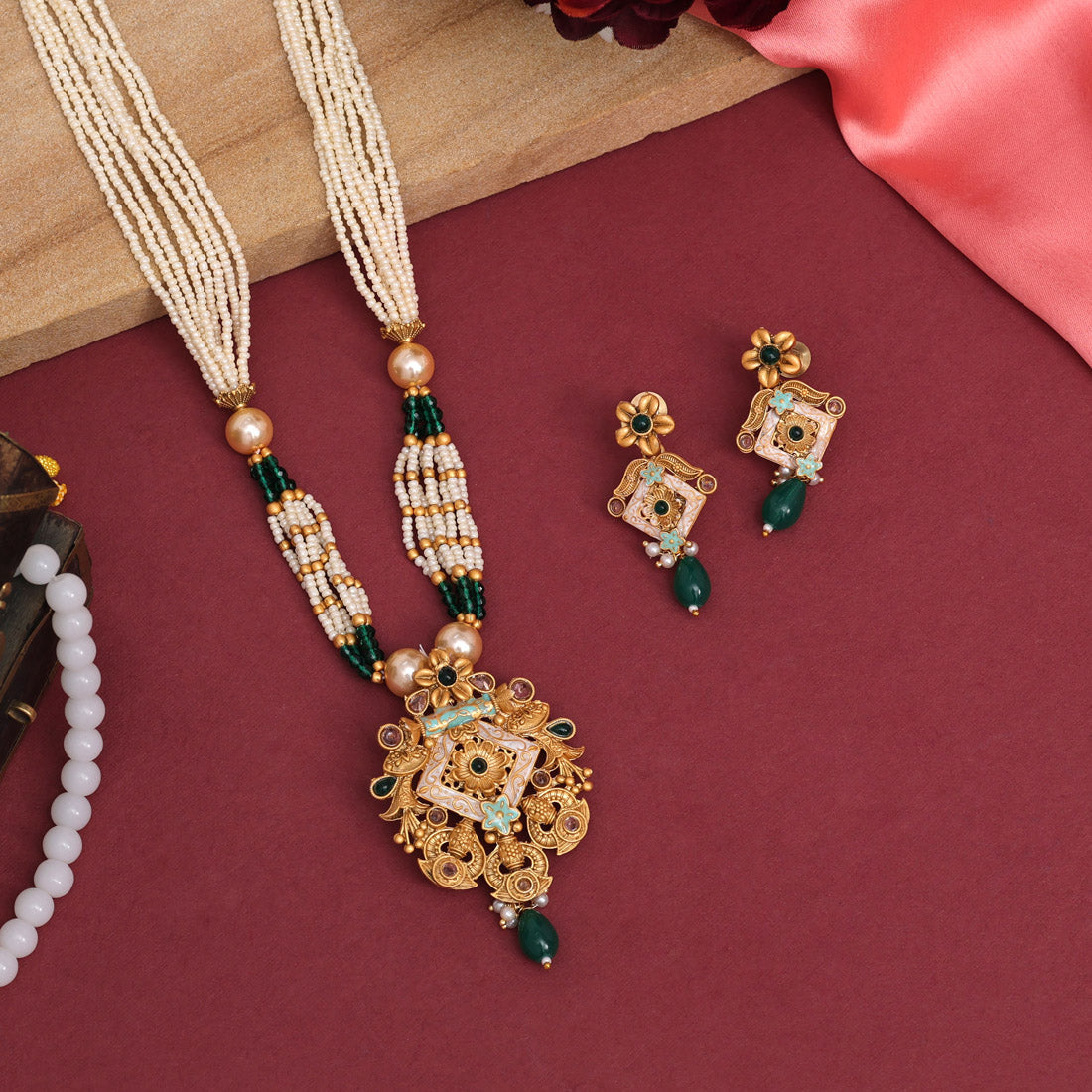 Rani & Green Color Meena Work Temple Necklace Set (TPLN620RNIGRN)