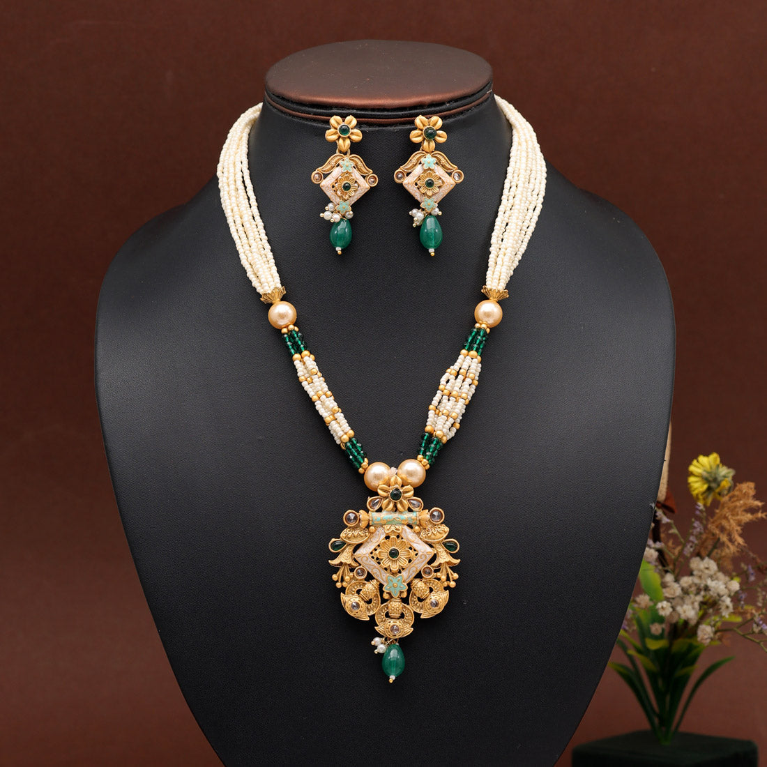 Rani & Green Color Meena Work Temple Necklace Set (TPLN620RNIGRN) Jewelry GlitStudio   