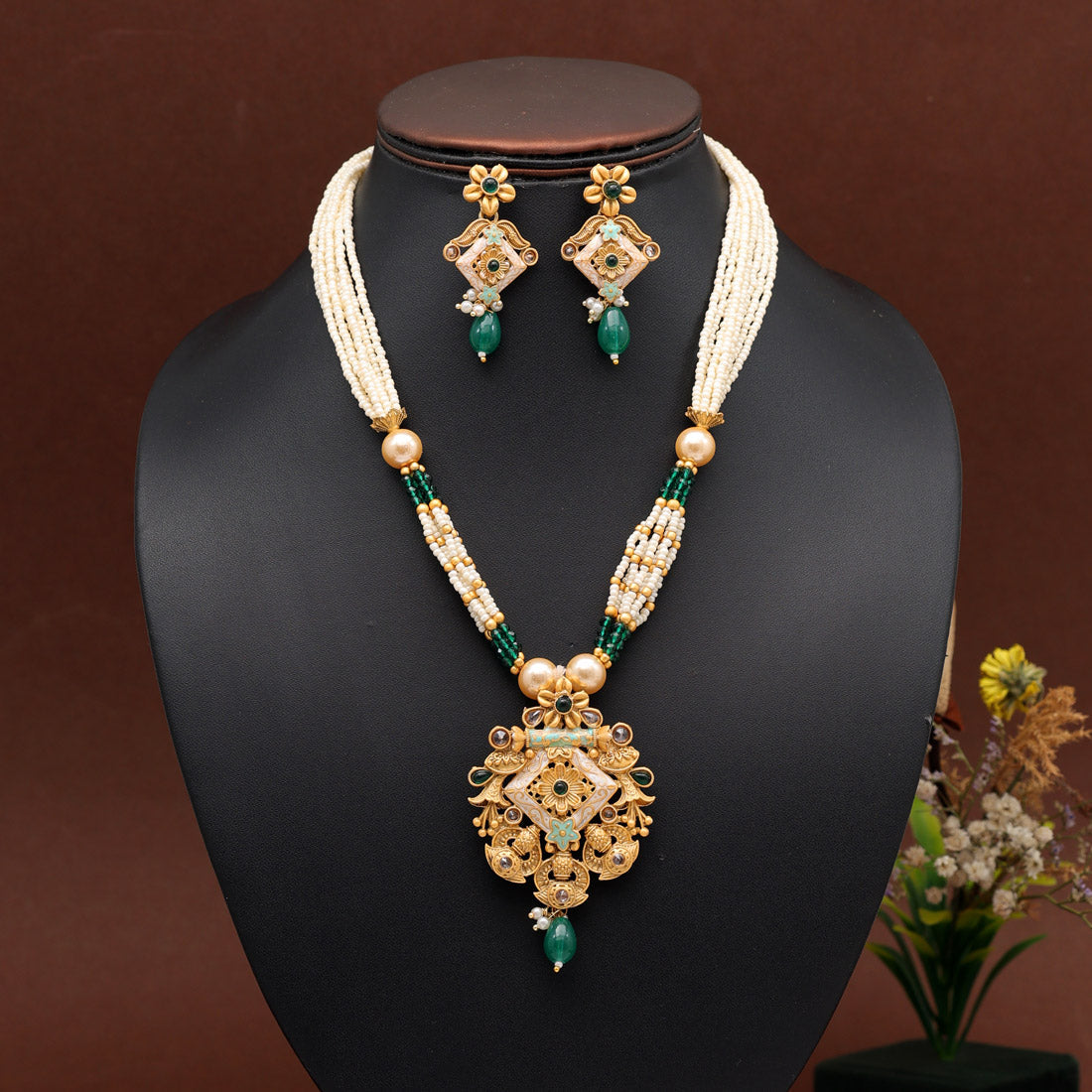 Rani & Green Color Meena Work Temple Necklace Set (TPLN620RNIGRN) Necklaces GetGlit   