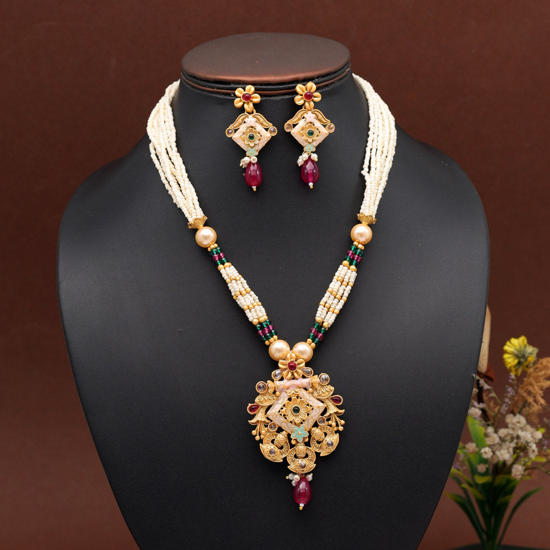 Rani Color Meena Work Temple Necklace Set (TPLN621RNI) Jewelry GlitStudio   