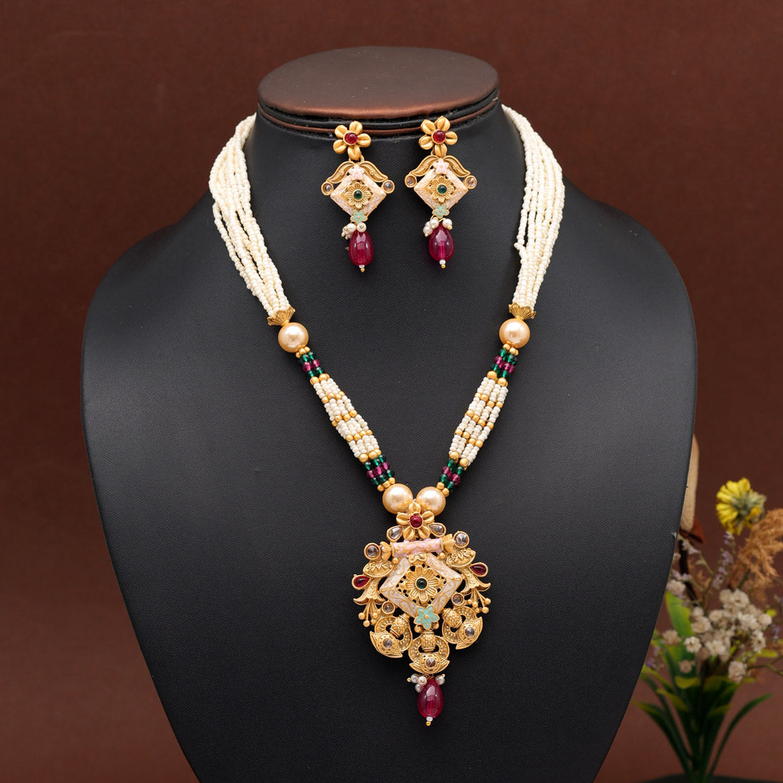 Rani Color Meena Work Temple Necklace Set (TPLN621RNI) Necklaces GetGlit   